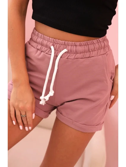 Dámské bavlněné šortky s gumou a šněrováním v pase tmavě růžové