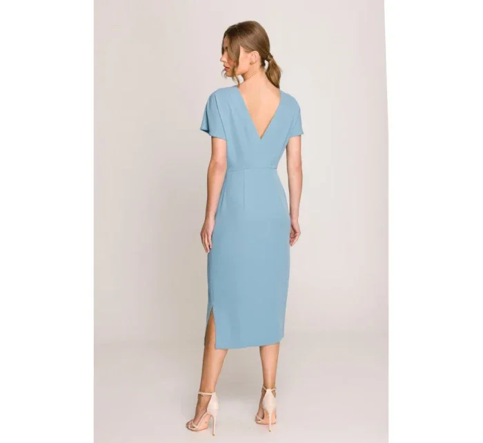 S398 Tužkové šaty s rozparkem na boku - nebesky modré