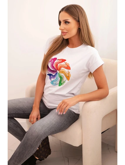 Dámská bavlněná blůza s krátkým rukávem a barevným potiskem bílá