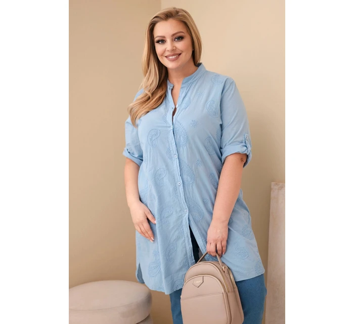 Dámská sukýnka Plus Size s výšivkou a ohrnovacími rukávy modrá