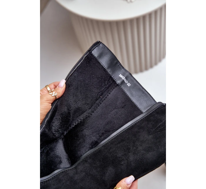 Zateplené kozačky na podpatku eko semišové nad koleno černé model 21675737 - Boto