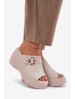 Kožené Dámské Sandály Na Platformě A Klínu S Přezkou Béžové S.Barski LR51-542