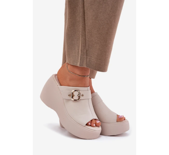 Kožené Dámské Sandály Na Platformě A Klínu S Přezkou Béžové S.Barski LR51-542