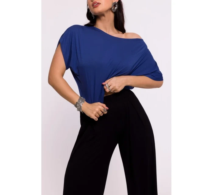 B289 Kalhoty z viskózy s elastickým pasem - černé