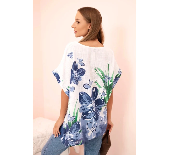 Dámská bavlněná blůza s květinovým potiskem a krátkým rukávem bílá