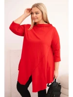 Dámská bavlněná blůza Plus Size asymetrická s ohrnutým rukávem červená