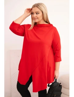Dámská bavlněná blůza Plus Size asymetrická s ohrnutým rukávem červená