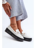 Dámské kožené mokasíny na platformě s řetízkem S.Barski LR618 Bílé