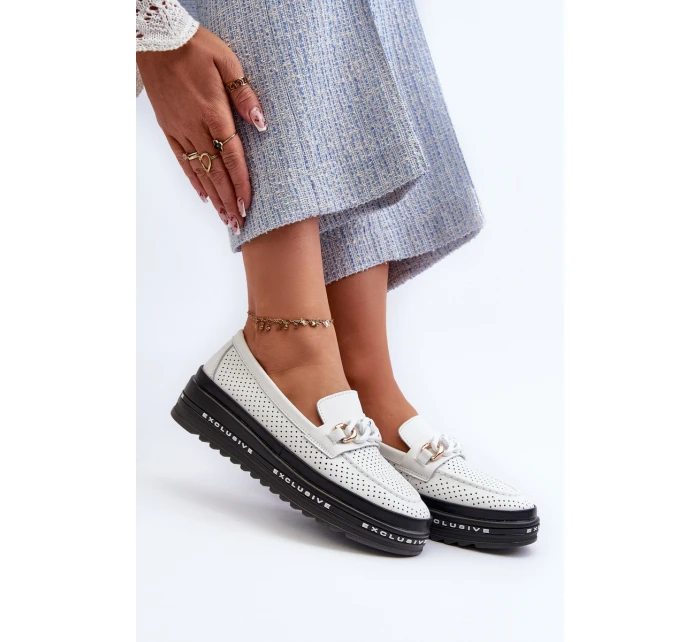 Dámské kožené mokasíny na platformě s řetízkem S.Barski LR618 Bílé