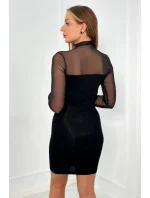 Pletené šaty s tylovými rukávy a výstřihem černý Pletené šaty s tylovými rukávy a výstřihem černý