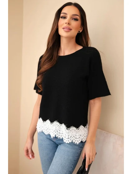 Svetr dámský s krátkým rukávem a krajkou černý Svetr dámský s krátkým rukávem a krajkou černý