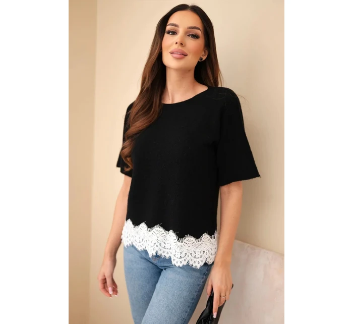 Svetr dámský s krátkým rukávem a krajkou černý Svetr dámský s krátkým rukávem a krajkou černý