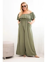 Dámský overal Plus Size s volánem a krátkým rukávem khaki