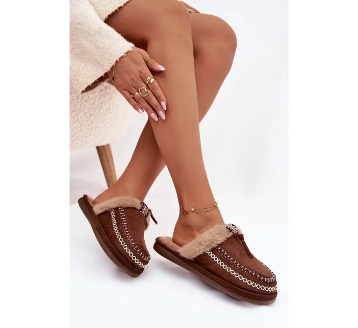 Dámské pantofle s kožešinou a výšivkou Hnědé Perivelle Dámské pantofle s kožešinou a výšivkou Hnědé Perivelle