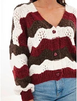 Dámský svetr model 22353115 pruhovaný zapínaný na knoflíky hnědý + bordó - K-Fashion Dámský svetr model 22353115 pruhovaný zapínaný na knoflíky hnědý + bordó - K-Fashion