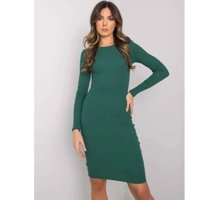 Vypasované žebrované šaty v lahvově zelené barvě s kulatým výstřihem model 21266641 - Factory Price