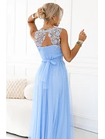 672-1 Romantické svatební maxi šaty s vyšívanou krajkou a tylem - modré 672-1 Romantické svatební maxi šaty s vyšívanou krajkou a tylem - modré