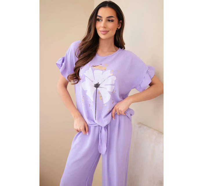 Dámský viskózový komplet s halenkou s potiskem a kalhotami světle fialový