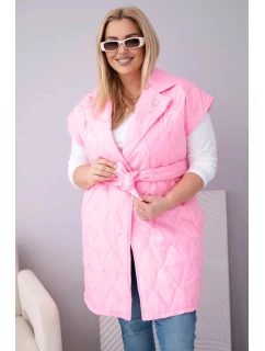 Dámská vesta Plus Size prošívaná s páskem a límcem světle růžová
