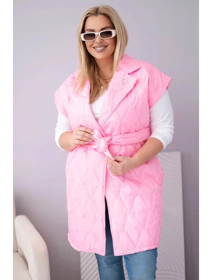 Dámská vesta Plus Size prošívaná s páskem a límcem světle růžová