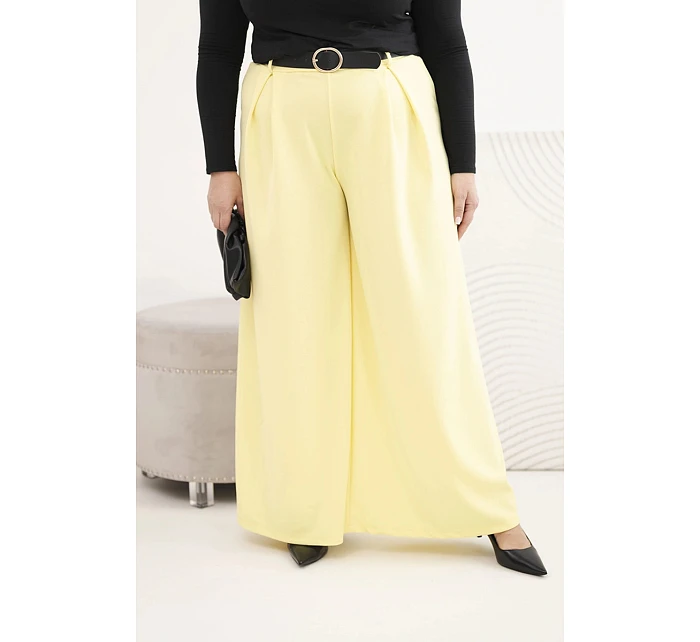Dámské kalhoty Plus Size se širokou nohavicí a páskem žluté Dámské kalhoty Plus Size se širokou nohavicí a páskem žluté