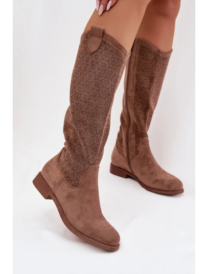 Dámské kozačky s vzorem na nízkém podpatku  Hnědé model 22031864 - S.Barski