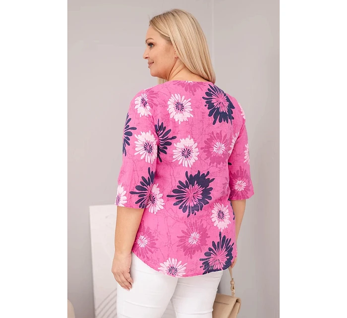 Dámská bavlněná halenka Plus Size s krátkým rukávem a knoflíky růžová