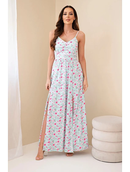 Dámské maxi šaty s květinovým vzorem na ramínkách se zavazováním na zádech mentolová