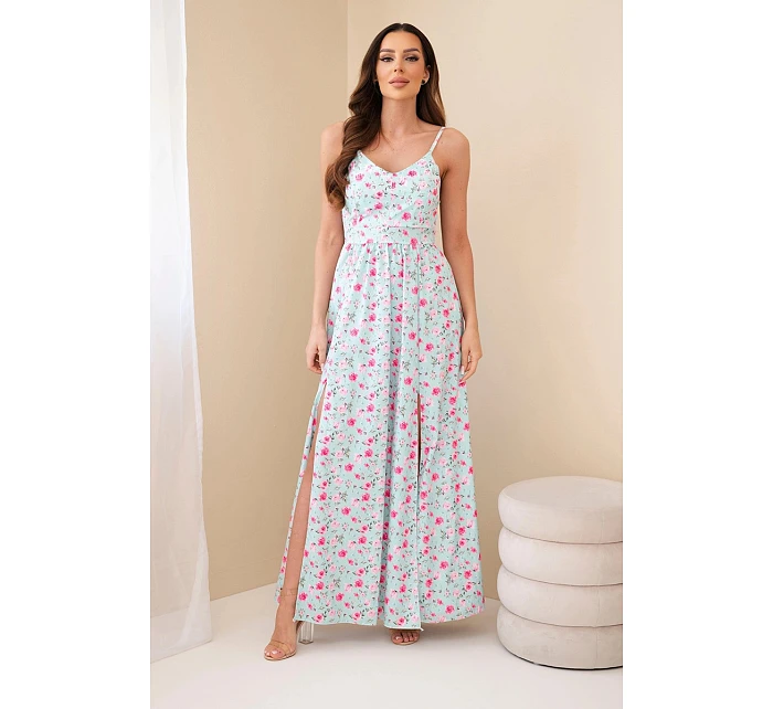 Dámské maxi šaty s květinovým vzorem na ramínkách se zavazováním na zádech mentolová