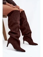 Dámské kozačky na jehlovém podpatku, vsuvné Mavilla – čokoládové