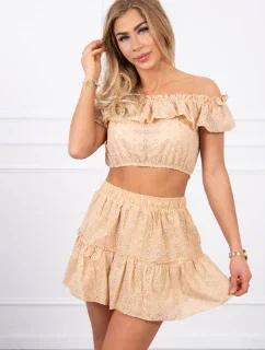 Vyšívaná souprava s puntíkovanou halenkou béžové barvy