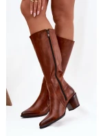 Kožené Kozačky Na Podpatku S Přezkou Zateplené model 21772427 Hnědé - Zazoo Kožené Kozačky Na Podpatku S Přezkou Zateplené model 21772427 Hnědé - Zazoo