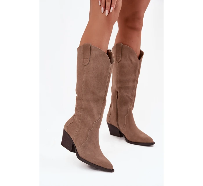 Kožené Semišové Kozačky Dámské Zateplené Khaki model 21714867 - Boto