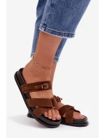 Dámské pantofle s pásky a zlatým sponou Hnědé model 21954730 - Boto