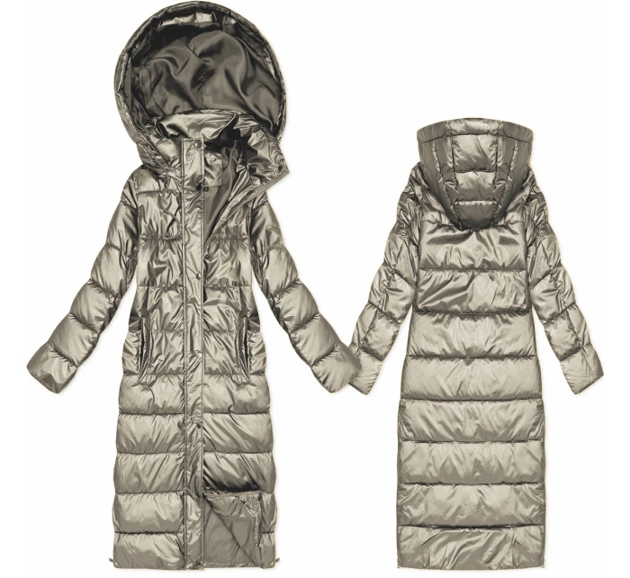 Tmavě béžová dlouhá prošívaná bunda pro přechodné období s kapucí model 21439632 - HONEY WINTER Tmavě béžová dlouhá prošívaná bunda pro přechodné období s kapucí model 21439632 - HONEY WINTER