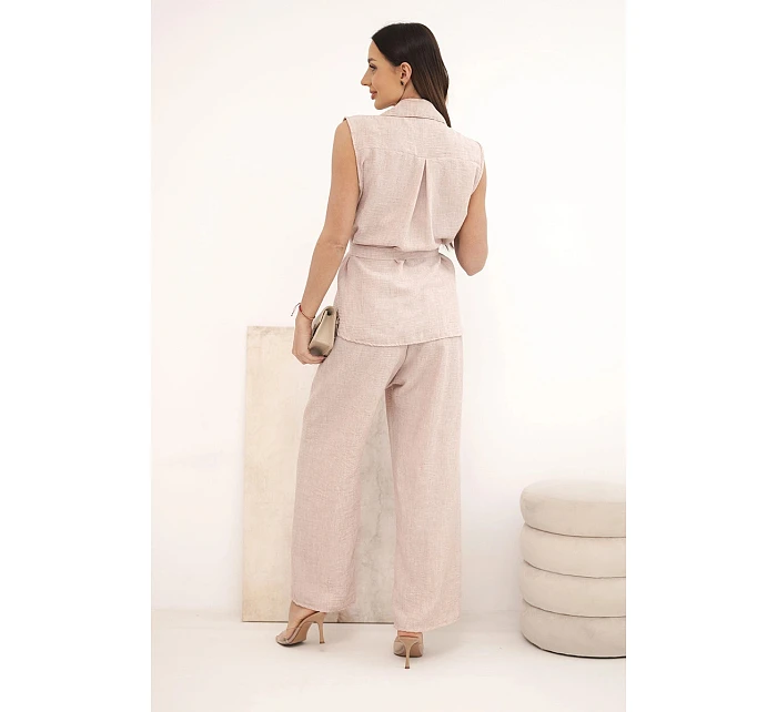Dámský komplet s vázanou model 22104021 a širokými kalhotami pudrově růžová - K-Fashion