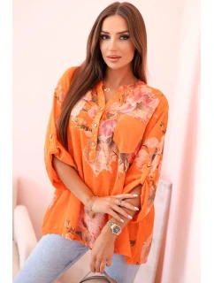 Dámská blůza z bavlny s květinovým vzorem a knoflíky - oranžová