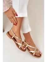 Kožené Ploché Sandály S Pásky Zlaté model 21683991 - Zazoo Kožené Ploché Sandály S Pásky Zlaté model 21683991 - Zazoo