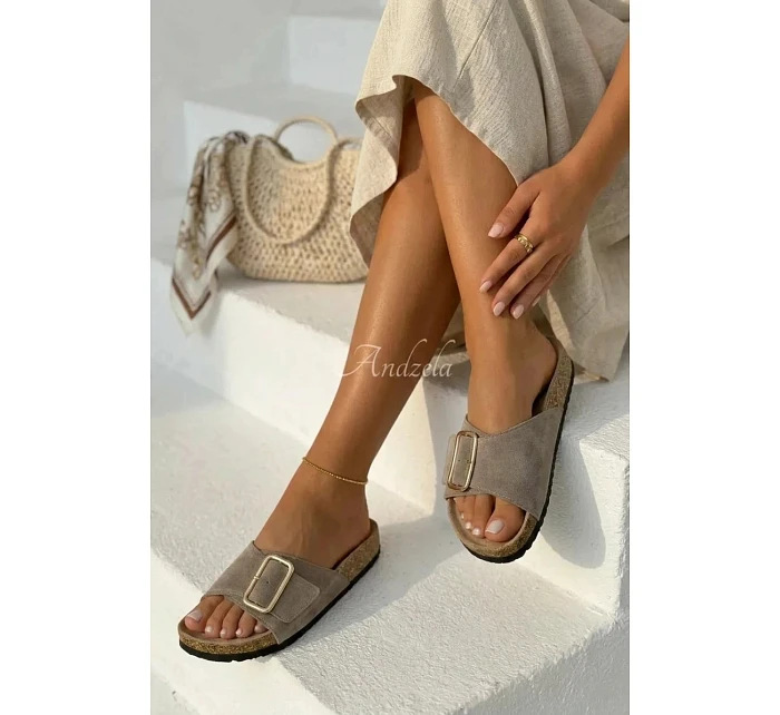 Kožené semišové dámské pantofle s přezkou tmavě béžové Beryl