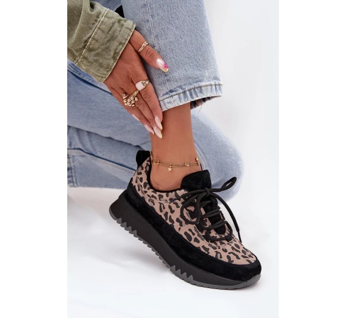 Semišové zateplené dámské tenisky na platformě model 21707621 Panterka Černé - VINCEZA