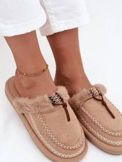 Dámské chlupaté papuče s kožíškem a výšivkou – béžové Perivelle