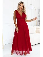 687-2 Elegantní maxi šaty s výstřihem do V a odhalenými zády – světle vínová