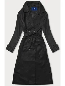 Černý dvouřadový klasický dámský kabát z ekologické kůže AnnGissy (AG6-30)