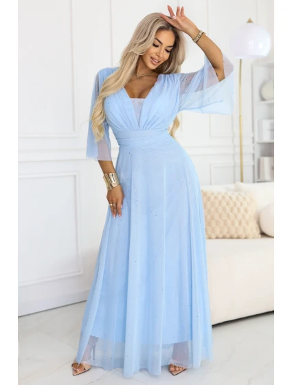 654-3 Dlouhé třpytivé plus size šaty s výstřihem a průhlednými rukávy - modré 654-3 Dlouhé třpytivé plus size šaty s výstřihem a průhlednými rukávy - modré