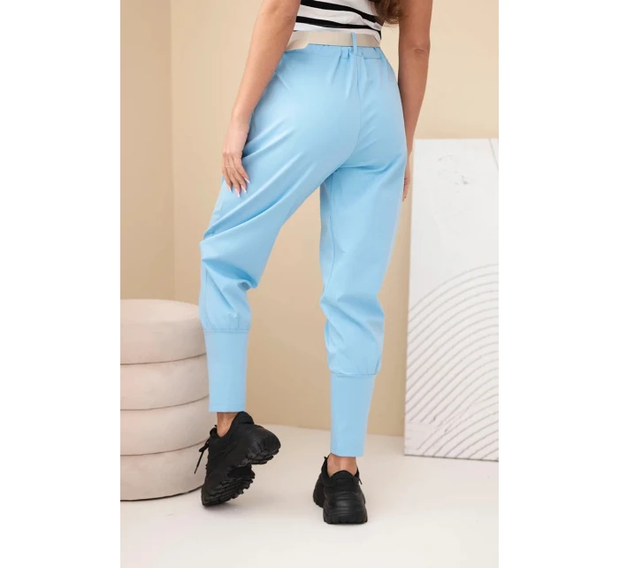 Dámské bavlněné kalhoty s vysokým pasem a páskem modré Dámské bavlněné kalhoty s vysokým pasem a páskem modré