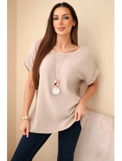 Hedvábná blůza s náhrdelníkem tmavě béžová