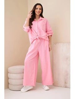 Dámský bavlněný komplet s košilí na zavazování a širokými nohavicemi světle růžová