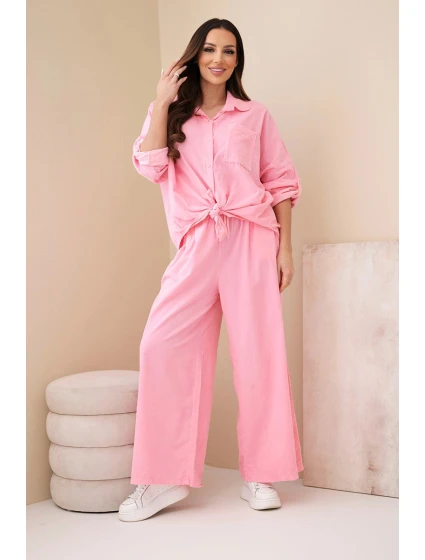 Dámský bavlněný komplet s košilí na zavazování a širokými nohavicemi světle růžová