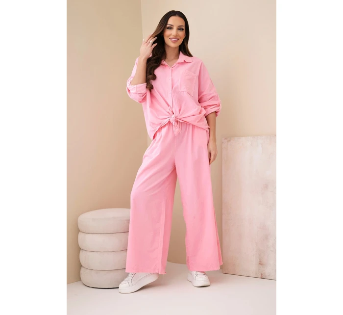 Dámský bavlněný komplet s košilí na zavazování a širokými nohavicemi světle růžová