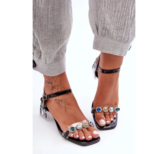Dámské sandály na podpatku s krystaly černé SBarski MR1037-01